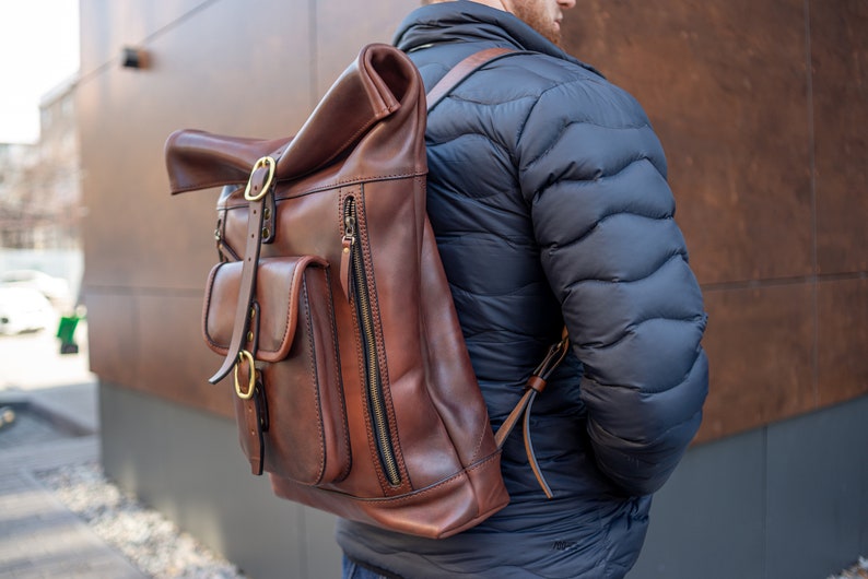 Leather rolltop backpack, Personalized Leather Backpack for Men, Leather Backpack Gifts, Leather Travel Bag, Custom Leather Bag Gifts image 3