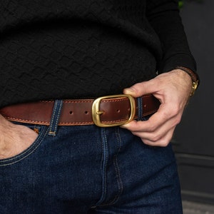 Leather Belt Antique Brass Buckle Dress or Casual Handmade Brown, Cognac & Distressed Brown Made in UA image 3