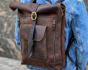 Sac à dos Roll Top / Crazy Horse Backpack Mens / Sac à dos Weekender / Cadeau de fête des pères / Sac en cuir fait main / Sac à dos en cuir pour homme