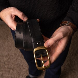 Black Leather Belt with Antique Brass Buckle Handmade in UA Groomsmen Wedding Gift Full Grain Unisex Vintage Snap Belt image 3