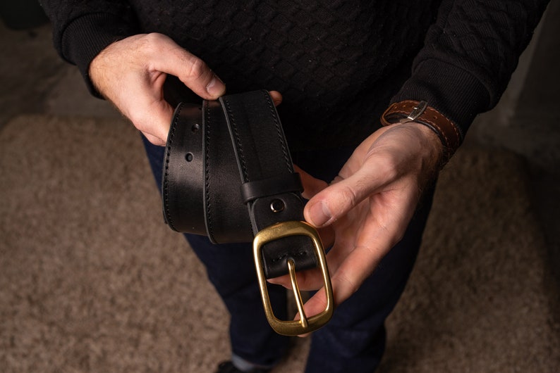 Black Leather Belt with Antique Brass Buckle Handmade in UA Groomsmen Wedding Gift Full Grain Unisex Vintage Snap Belt image 3