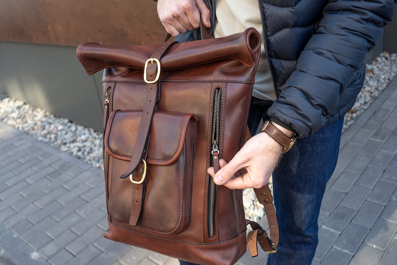 Leather rolltop backpack, Personalized Leather Backpack for Men, Leather Backpack Gifts, Leather Travel Bag, Custom Leather Bag Gifts image 5