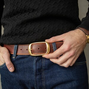 Leather Belt Antique Brass Buckle Dress or Casual Handmade Brown, Cognac & Distressed Brown Made in UA image 2