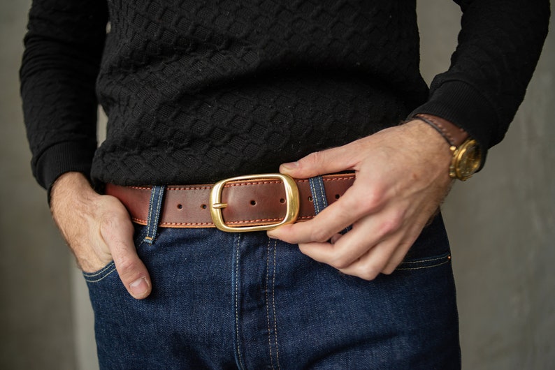 Leather Belt Antique Brass Buckle Dress or Casual Handmade Brown, Cognac & Distressed Brown Made in UA image 2