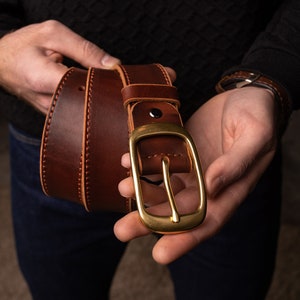 Leather Belt Antique Brass Buckle Dress or Casual Handmade Brown, Cognac & Distressed Brown Made in UA image 1