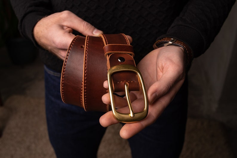 Leather Belt Antique Brass Buckle Dress or Casual Handmade Brown, Cognac & Distressed Brown Made in UA image 1