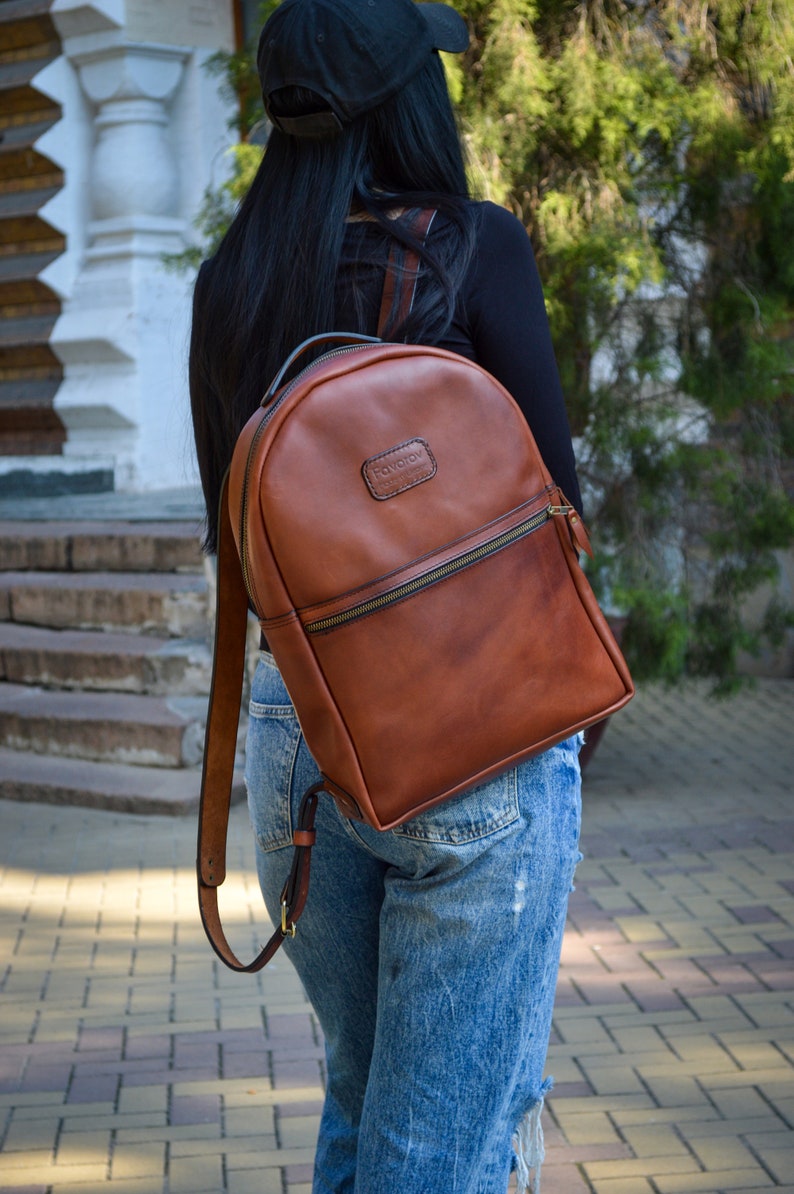 Waxed Leather Backpack/Cognac Brown Leather Backpack Men /Laptop backpack for Men/Christmas Gift for Him/ Made in UA / Personalization image 3