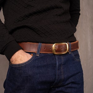 Leather Belt Antique Brass Buckle Dress or Casual Handmade Brown, Cognac & Distressed Brown Made in UA image 5