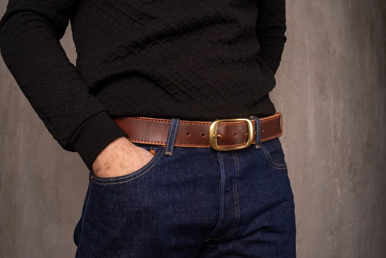 Leather Belt Antique Brass Buckle Dress or Casual Handmade Brown, Cognac & Distressed Brown Made in UA image 5