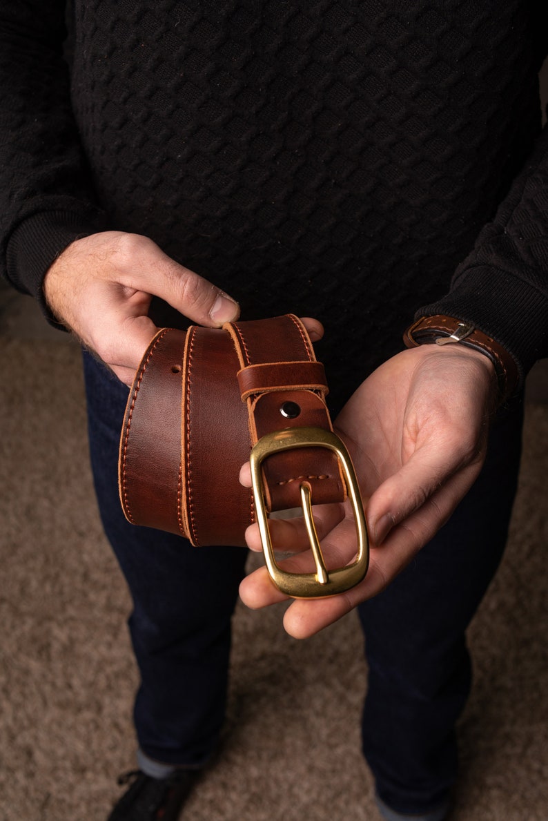 Leather Belt Antique Brass Buckle Dress or Casual Handmade Brown, Cognac & Distressed Brown Made in UA image 8