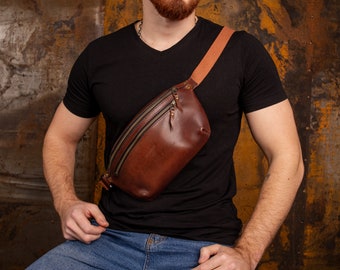 Personalized men shoulder bag, Brown leather belt bag, men’s leather bag, waist bag, crossbody bag, fanny bag, full grain leather bag