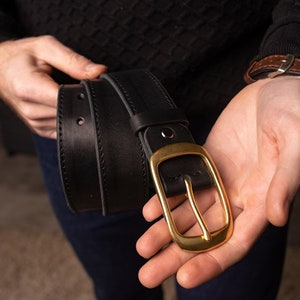 Black Leather Belt with Antique Brass Buckle Handmade in UA Groomsmen Wedding Gift Full Grain Unisex Vintage Snap Belt image 1