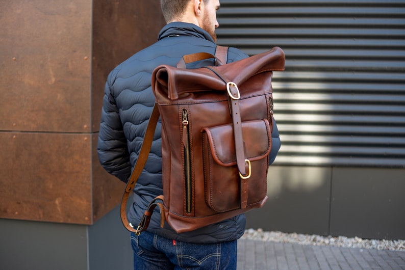 Leather rolltop backpack, Personalized Leather Backpack for Men, Leather Backpack Gifts, Leather Travel Bag, Custom Leather Bag Gifts image 4