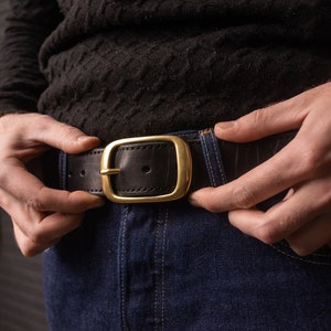 Black Leather Belt with Antique Brass Buckle Handmade in UA Groomsmen Wedding Gift Full Grain Unisex Vintage Snap Belt image 6