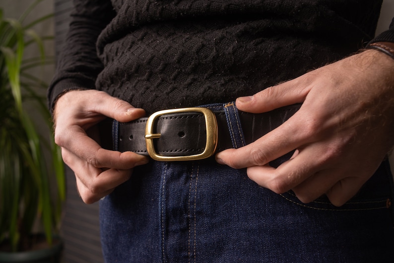 Black Leather Belt with Antique Brass Buckle Handmade in UA Groomsmen Wedding Gift Full Grain Unisex Vintage Snap Belt image 6