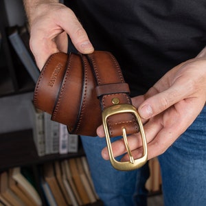 Leather Belt Brass Buckle, Full Grain Leather Belt, Brown Leather Belt, Mens Leather Belt, Womens Leather Belt, Gift belt,gift for boyfriend image 2