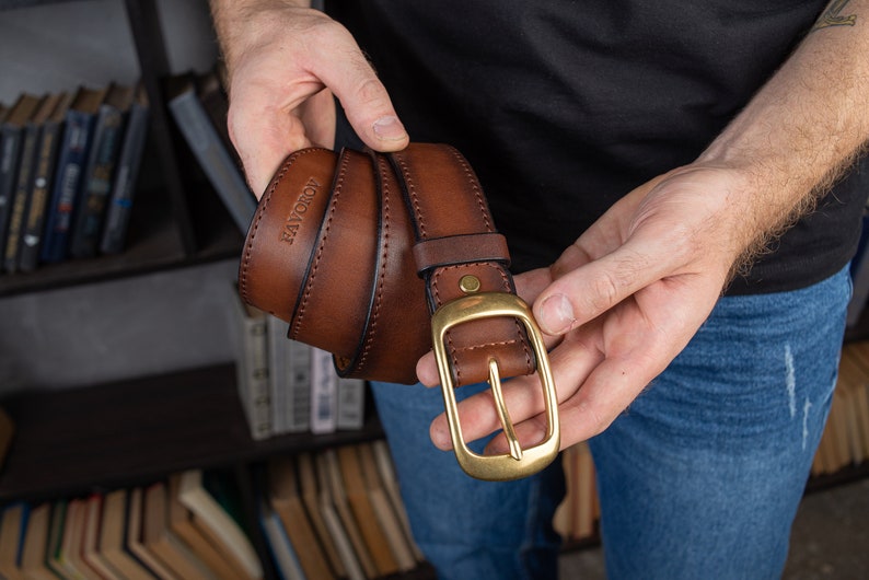 Leather Belt Brass Buckle, Full Grain Leather Belt, Brown Leather Belt, Mens Leather Belt, Womens Leather Belt, Gift belt,gift for boyfriend image 2