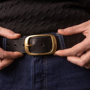 Black Leather Belt with Antique Brass Buckle Handmade in UA Groomsmen Wedding Gift Full Grain Unisex Vintage Snap Belt image 2