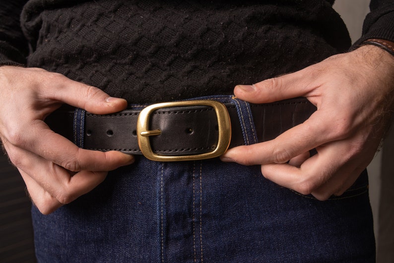 Black Leather Belt with Antique Brass Buckle Handmade in UA Groomsmen Wedding Gift Full Grain Unisex Vintage Snap Belt image 2