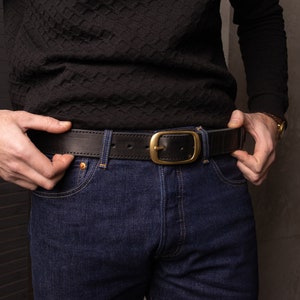 Black Leather Belt with Antique Brass Buckle Handmade in UA Groomsmen Wedding Gift Full Grain Unisex Vintage Snap Belt image 5