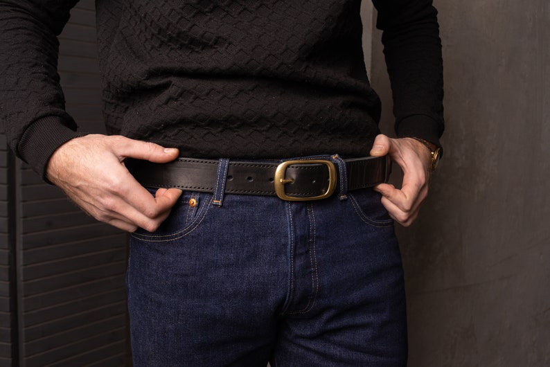 Black Leather Belt with Antique Brass Buckle Handmade in UA Groomsmen Wedding Gift Full Grain Unisex Vintage Snap Belt image 5