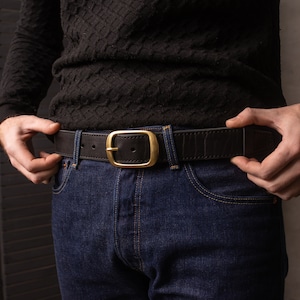 Black Leather Belt with Antique Brass Buckle Handmade in UA Groomsmen Wedding Gift Full Grain Unisex Vintage Snap Belt image 4