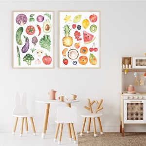 Set of 2 Posters Fruit & Vegetables Kitchen Children's Kitchen Montessori Watercolor Art Print