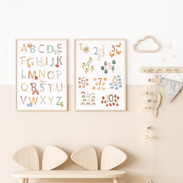 2er Set Poster Kinderzimmer, ABC Alphabet und Zahlen