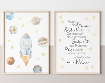 Set of 2 posters space, children's room, baby room, space, universe, astronaut, rocket A4 & A3