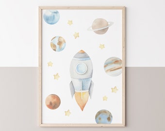 Poster Rocket, Space, Nursery, Baby Room, Outer Space, Universe, Astronaut A4 & A3