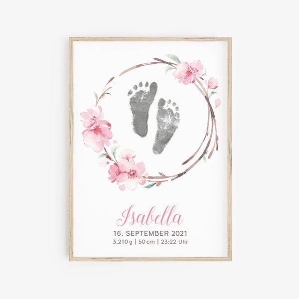 Birth poster / poster baby footprint cherry blossom for stamping, with and without personalization, baby room