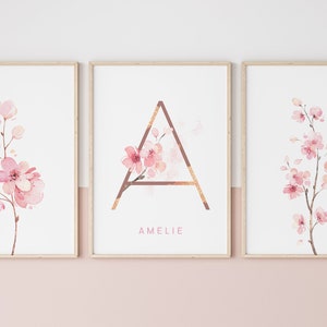 Set of 3 name posters, cherry blossom, personalized, children's room and baby room
