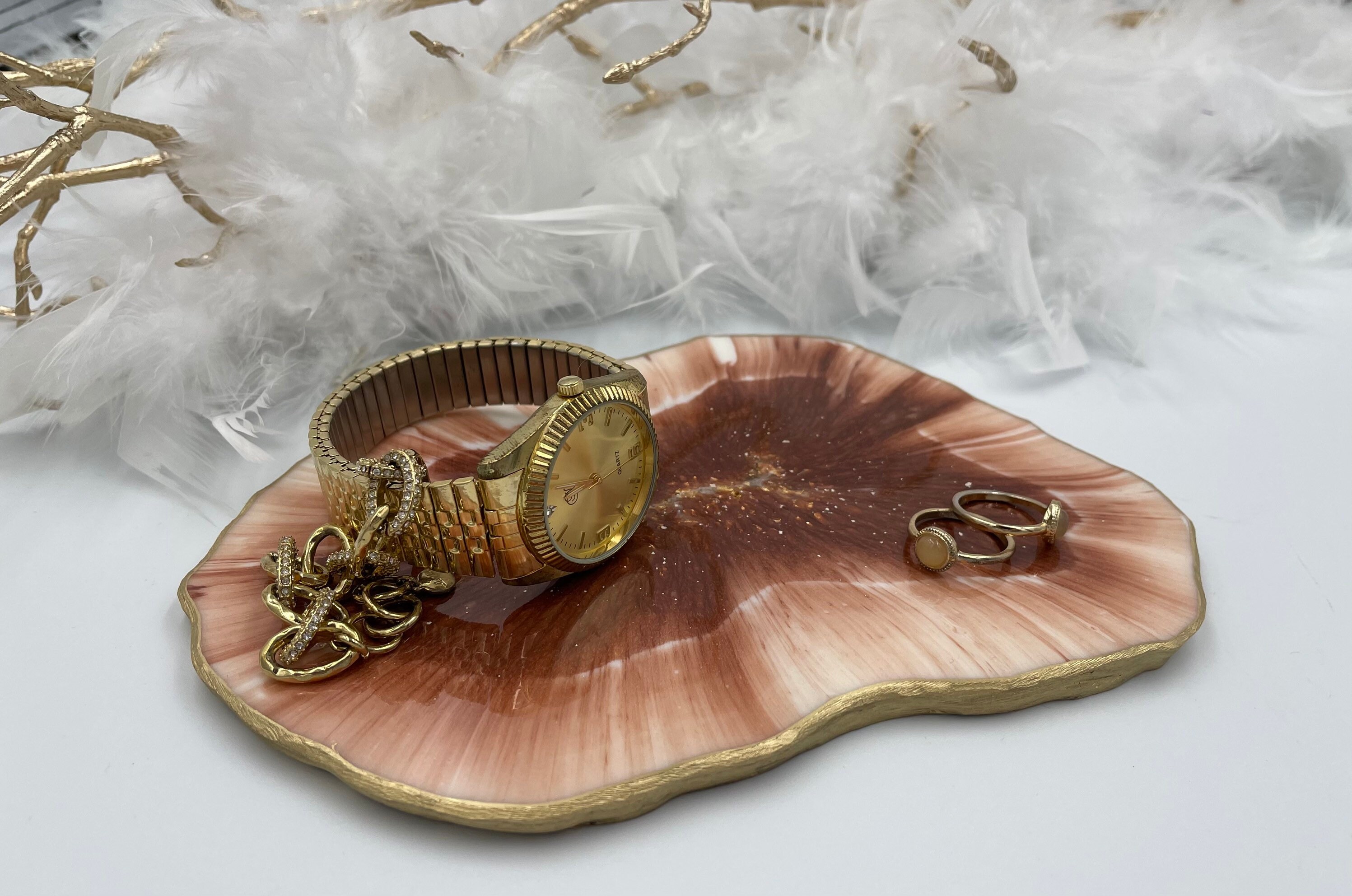 Resin Trinket Tray Epoxy Tray Pearl With Copper Jewelry Etsy