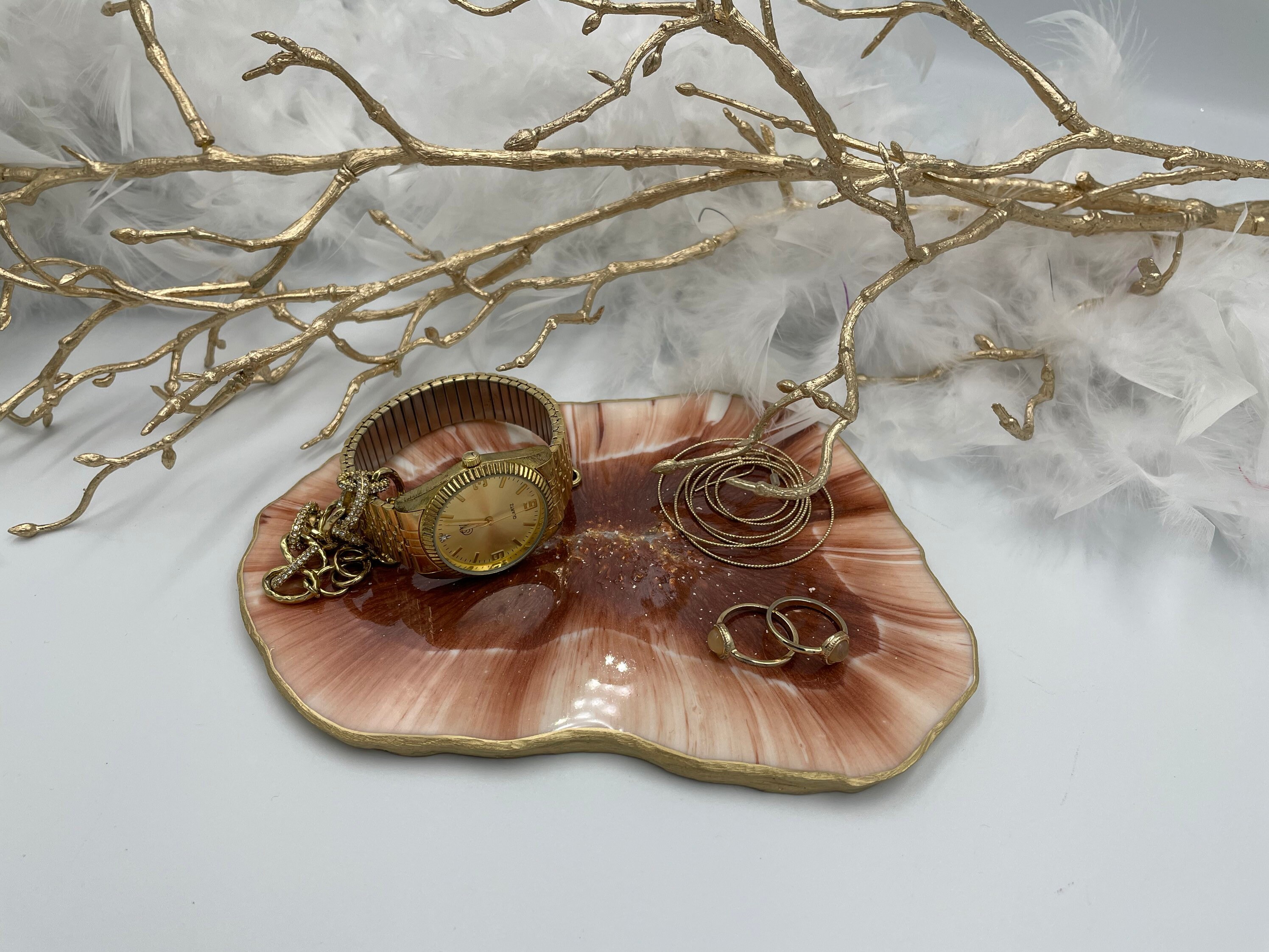 Resin Trinket Tray Epoxy Tray Pearl With Copper Jewelry Etsy