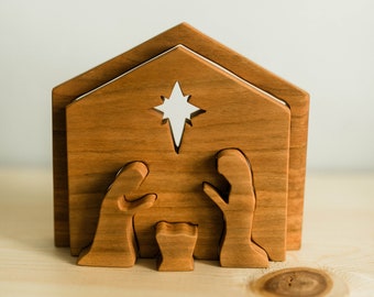 Presépio de madeira feito à mão, decoração natalina com temática cristã, presépio de Natal, cena da manjedoura, decoração de Natal, cena da Natividade, presépio