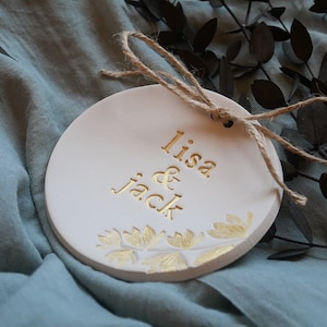 Tazza porta fedi nuziali in argilla "fogliame", personalizzata, oro, matrimonio