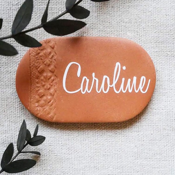 Personalized terracotta clay placeholder, wedding decoration, guest gift, baptism, event, oval or hexagon.