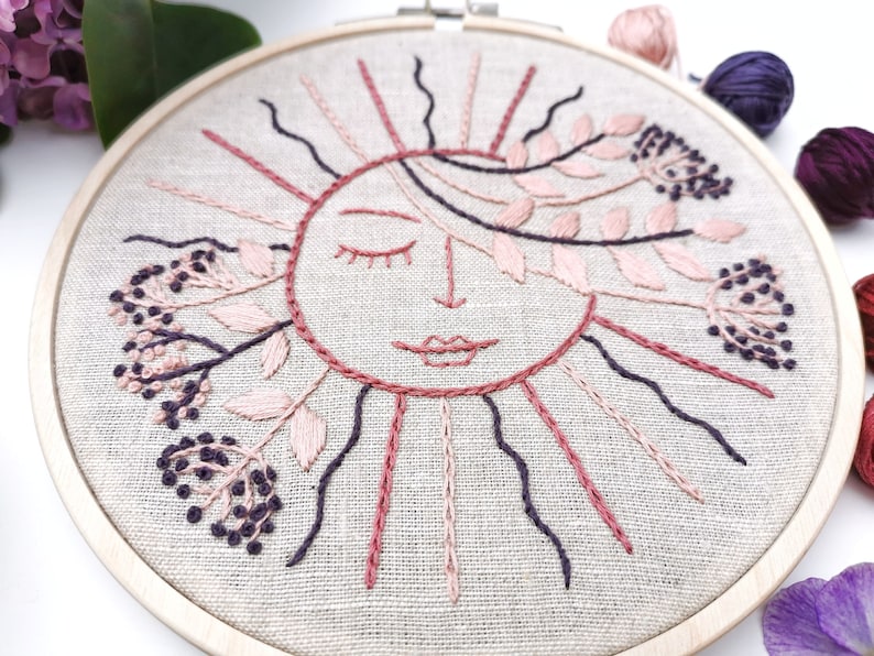 Pink Sun Hand Embroidery Pattern. Do It Yourself. PDF Digital Etsy