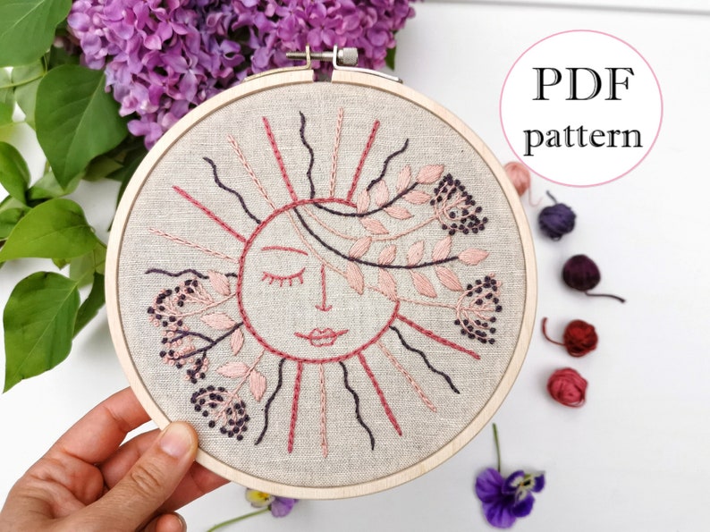 Pink Sun Hand Embroidery Pattern. Do It Yourself. PDF Digital Etsy