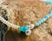 filigree pearl bracelet with amazonite and silver flower, gemstone bracelet, cultured pearls, silver, delicate bracelet