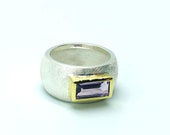 Amethyst silver ring bicolor, rectangular