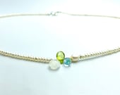 Mondstein Peridot Blautopas Perlen Kette, Silber bicolor