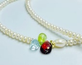 Perlenkette mit Granat, Peridot, Topas, Silber bicolor