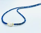 Lapislazuli Kette mit Perle, Silber bicolor