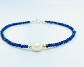 Lapislazuli Armband mit Perle, Silber bicolor