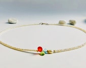 Kette Perlen Karneol Blautopas Peridot, Silber bicolor