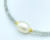 Labradorit Kette mit Perle, Silber bicolor