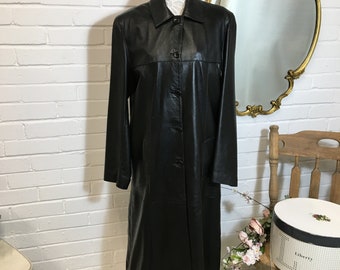 1990s full length black leather coat