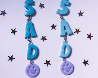 Long smiley sad face earrings - sad earrings - harajuku style - y2k accessories - egirl japan fashion - blue earrings - goth cute