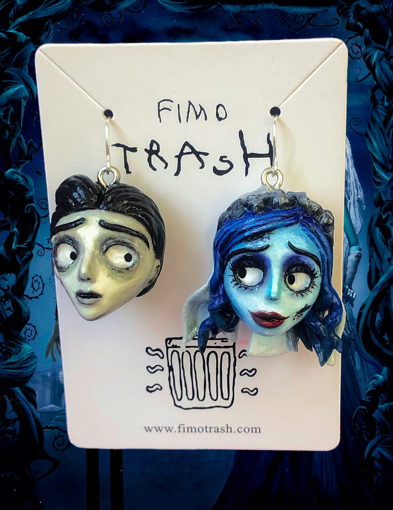 Emily and Victor earrings - the bride cadaver - horror movie accessories - harajuku egirl jewelry - creepy cute - halloween - sculpey - goth 